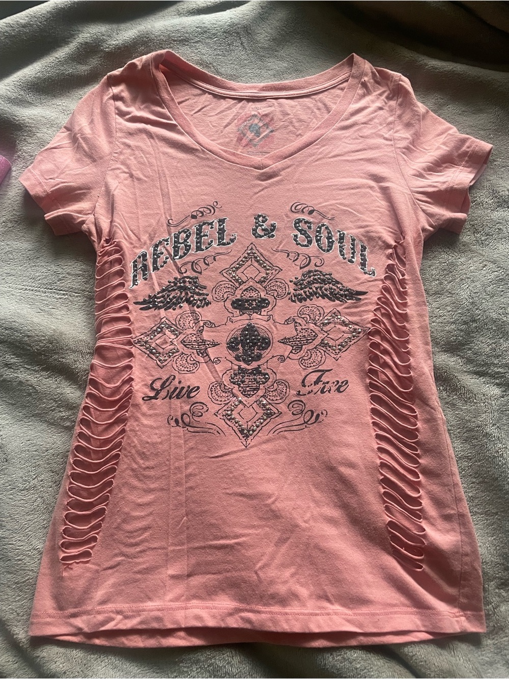 Pink Distressed Side-Slit V-Neck Tee with Rebel & Soul Graphic